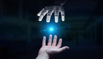 Fototapete - Robot hand making contact with human hand on dark background 3D rendering