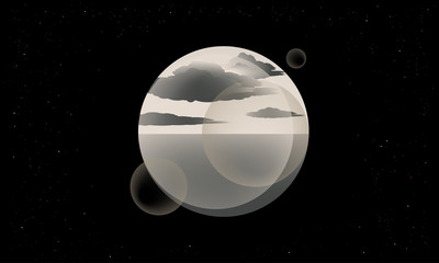 ocean planet with clouds floating into space silver shades