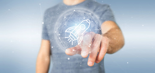 Poster - businessman holding a start up rocket on a sphere 3d rendering