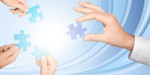 Poster - Business team strategy concept. hands with puzzle pieces