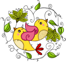 Wall Mural - Couple yellow birds with green leaves shaped heart
