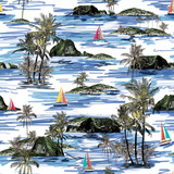 Fototapeta Konie - Beautiful seamless island pattern. Summer trends bright seamless colorful island pattern on white background. Landscape with palm trees, beach, sailing ship and ocean brush hand drawn style.