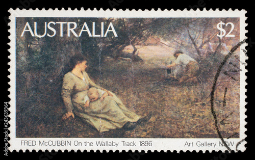 Photographie Stamp printed in Australia shows the On the Wallaby Track (1896), by Fred McCubb