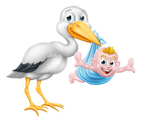 Wall Mural - A stork or crane cartoon bird carrying a new born baby as in the pregnancy myth.