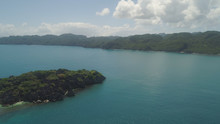 Aerial View Islands With Sand Beach Lahus And Turquoise Water In Blue Lagoon Among Coral Reefs, Caramoan Islands, Philippines. Landscape With Sea, Tropical Beach.