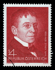 Wall Mural - Stamp printed in the Austria shows Karl Kraus, Poet and Satirist, circa 1974