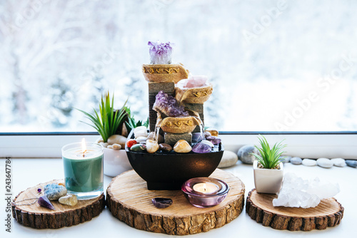 Fotografie, Obraz Relaxing spiritual Feng Shui altar set with nature, water and fire element