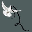 Rest in Peace. Flying pigeon with black ribbon on grey background. Vector illustration of white pigeon flying on grey background with black ribbon. RIP