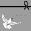Rest in Peace. Flying pigeon with black ribbon on light grey background. Vector illustration of white pigeon flying on grey background with black ribbon. RIP