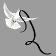 Rest in Peace. Flying pigeon with black ribbon on grey background. Vector illustration of white pigeon flying on light grey background with black ribbon. RIP