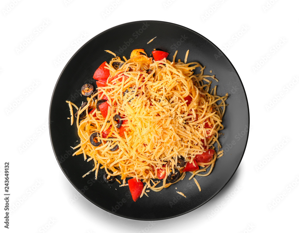 Plate with tasty pasta, tomato, cheese and olives on white background