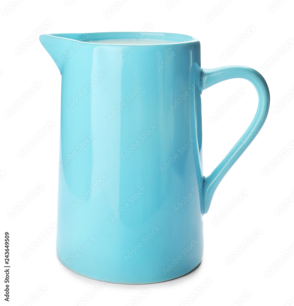 Jug of milk on white background