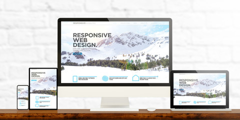 Poster - responsive web design website devices on wooden desktop