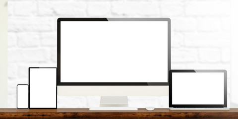 Poster - responsive devices on wooden desktop
