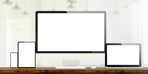 Poster - responsive devices on wooden desktop