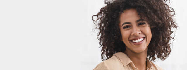 black girl with white smile, copy space