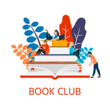 Book Club Poster, Banner Concept Of A Small People Reading.  Vector Illustration Isolated On A White Background