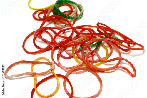Fotografía Many circular rubber skins have many colors placed on a white background