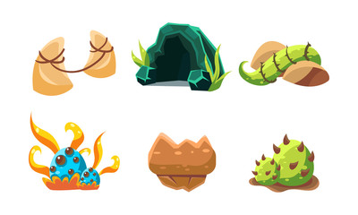 Poster - vector set of cartoon landscape elements for fantastic mobile game. cave, stones and green plants. g