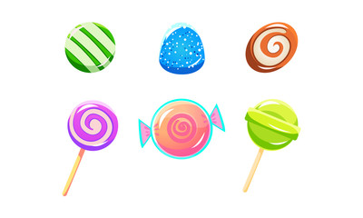 Poster - Colorful glossy candies and lollipops set, sweets of different shapes, user interface assets for mobile apps or video games vector Illustration