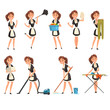 Smilling maid posing in different situations set, housemaid character wearing classic uniform, cleaning service vector Illustration