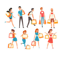 Canvas Print - Collection of people with shopping bags, men and women enjoying shopping and purchasing of goods or gifts vector Illustration