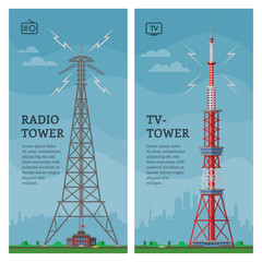 Tower vector global skyline towered antenna construction in city and skyscraper building with network communication illustration cityscape set of towering architecture background