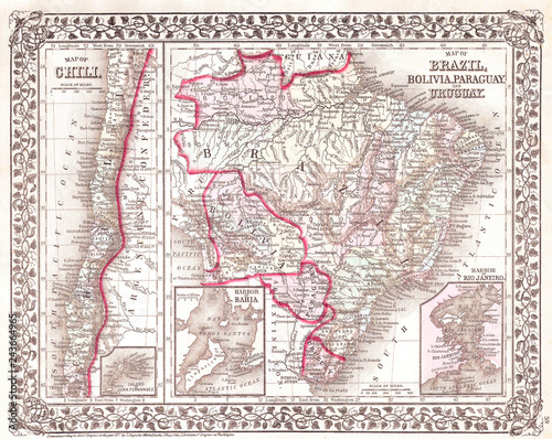 Fotografía Old Map of South America, Brazil, Bolivia, Papaguay, Uruguay and Chili, 1874, Mi