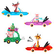 Set of kids transport with llama, giraffe, deer, watermelon and gifts. Cute animals ride on the car.  Vector illustration isolated on white background