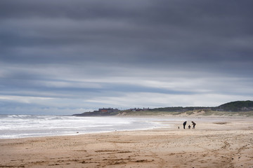 Poster - DRURIDGE BAY, ENGLAND, UK - JUNE 03, 2016: A young family out for a walk along the golden sands of Druridge Bay on a windy cloudy day in Northumberland, England.