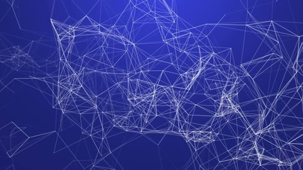 Poster - White digital computer data and network connection triangle lines and spheres in futuristic technology concept on blue background, 3d abstract illustratio