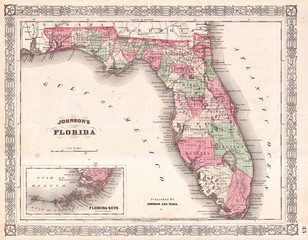 Fototapete - Antique Map of Florida, 1866, Johnson