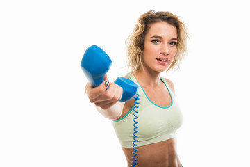 Wall Mural - Portrait of beautiful young fit girl handing telephone receiver