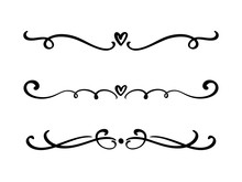 Vector Vintage Line Elegant Valentine Dividers And Separators, Swirls And Corners Decorative Ornaments. Floral Lines Filigree Design Heart Elements. Flourish Curl