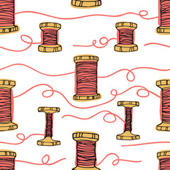 Retro wooden reels of thread Living coral color Hand drawing Seamless pattern