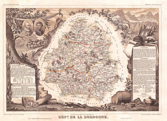 Fototapete - 1852, Levasseur Map of the Department de La Dordogne, France, Monbazillac Wine Region