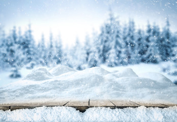 Canvas Print - Table background with snow and free space for your decoration 