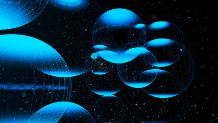 Poster - Flying panoramic spheres in outer space. Abstract background with 3d dynamic spheres. Graphic concept for your design. 3D rendering