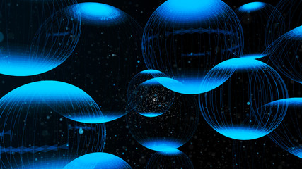 Poster - Flying panoramic spheres in outer space. Abstract background with 3d dynamic spheres. Graphic concept for your design. 3D rendering