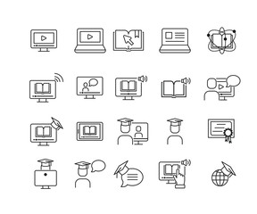 Wall Mural - simple set of online education related vector line icons. contains such icons as e-bookl, audio book