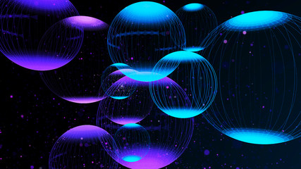 Poster - Flying panoramic spheres in outer space. Abstract background with 3d dynamic spheres. Graphic concept for your design. 3D rendering
