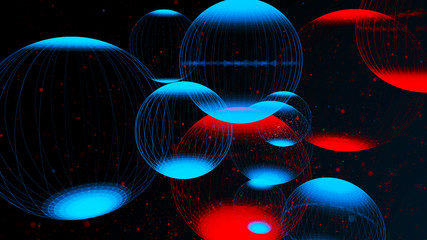 Poster - Flying panoramic spheres in outer space. Abstract background with 3d dynamic spheres. Graphic concept for your design. 3D rendering