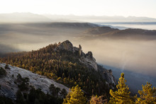 Smoke Filled Valley Behind Chimney Rock At Sunrise, Sequoia National Park, California, United States