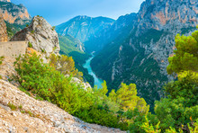 France Provence, Verdon Gorge In The French Alps. Turquoise River Flowing Along The Bottom Of The Canyon