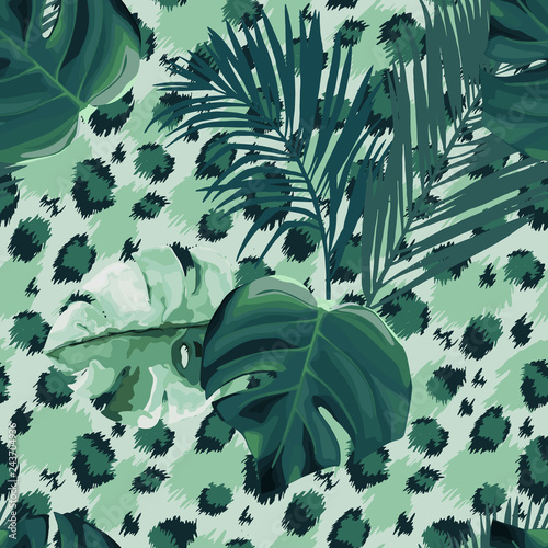 Tropical seamless pattern. Leopard print. Animal background. Vector illustration