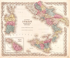 Fototapete - 1855, Colton's Map of Southern Italy, Sicily, Sardinia and Malta