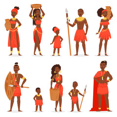 African people vector black man beautiful woman character in traditional tribal clothing dress in Africa illustration ethnicity set of kids girl and boy in ethnic tribe costume