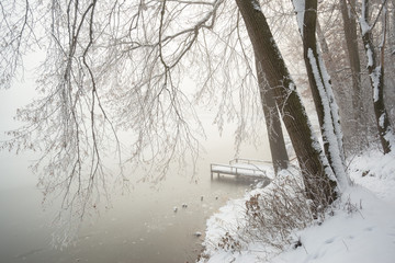 Sticker - Pier on frozen winter lake in the fog