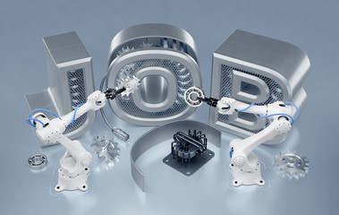Aufkleber - Robotics Job. Industrial robotic manipulators, assemling word of JOB from mechanical parts. 3d rendering graphic composition on the theme of 