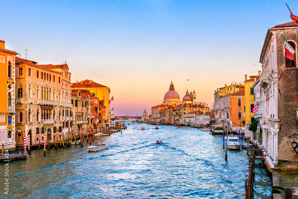 Grand Canal with Basilica di Santa Maria della Salute in Venice, Italy. View of Venice Grand Canal. Architecture and landmarks of Venice. Venice postcard - obrazy, fototapety, plakaty 